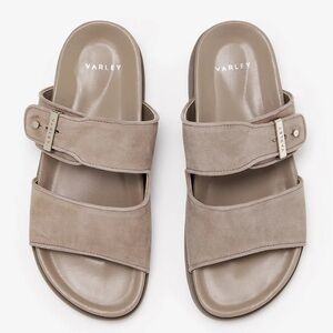 Varley- Grey Neutral Suede Latona Double Strap Slide on Sandals